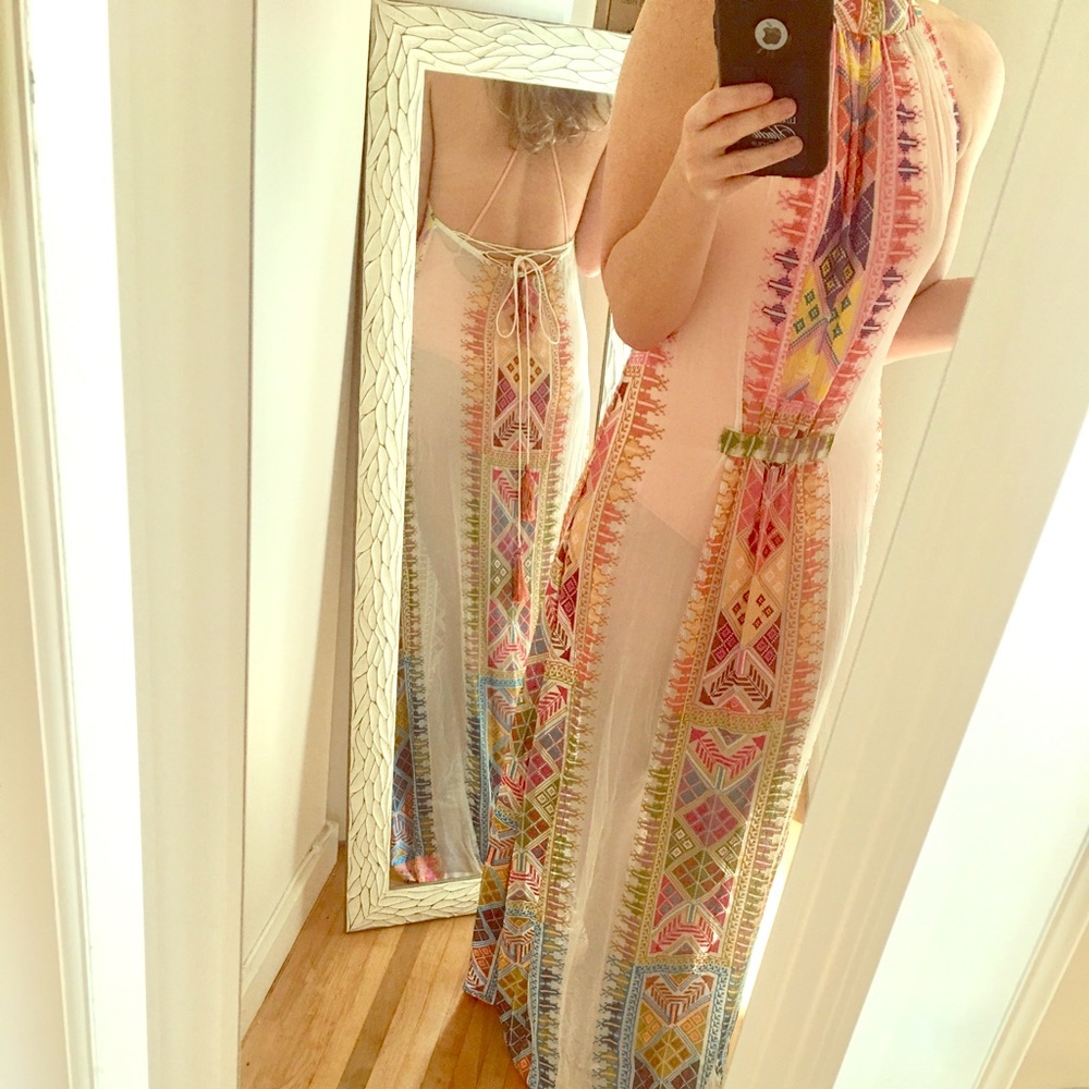 Sheer maxi dress by Taj. Multi color